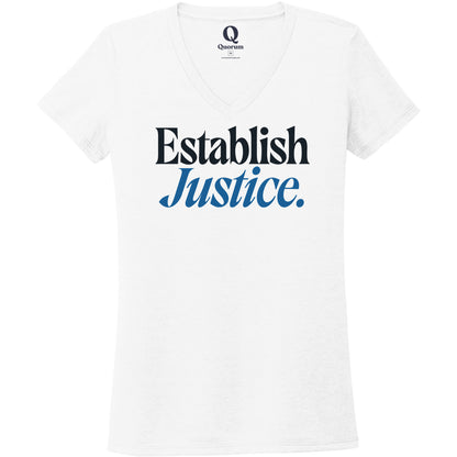 "Establish Justice." Quorum Women's Tri-Blend V-Neck front print in Bright White