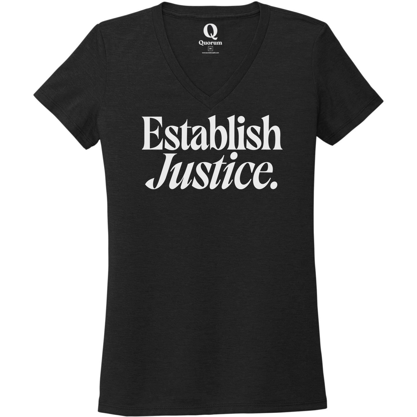 "Establish Justice." Quorum Women's Tri-Blend V-Neck editorial print in Deep Black