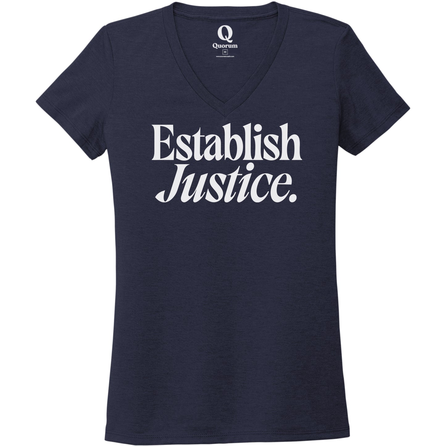 "Establish Justice." Quorum Women's Tri-Blend V-Neck editorial print in Night Sky Navy