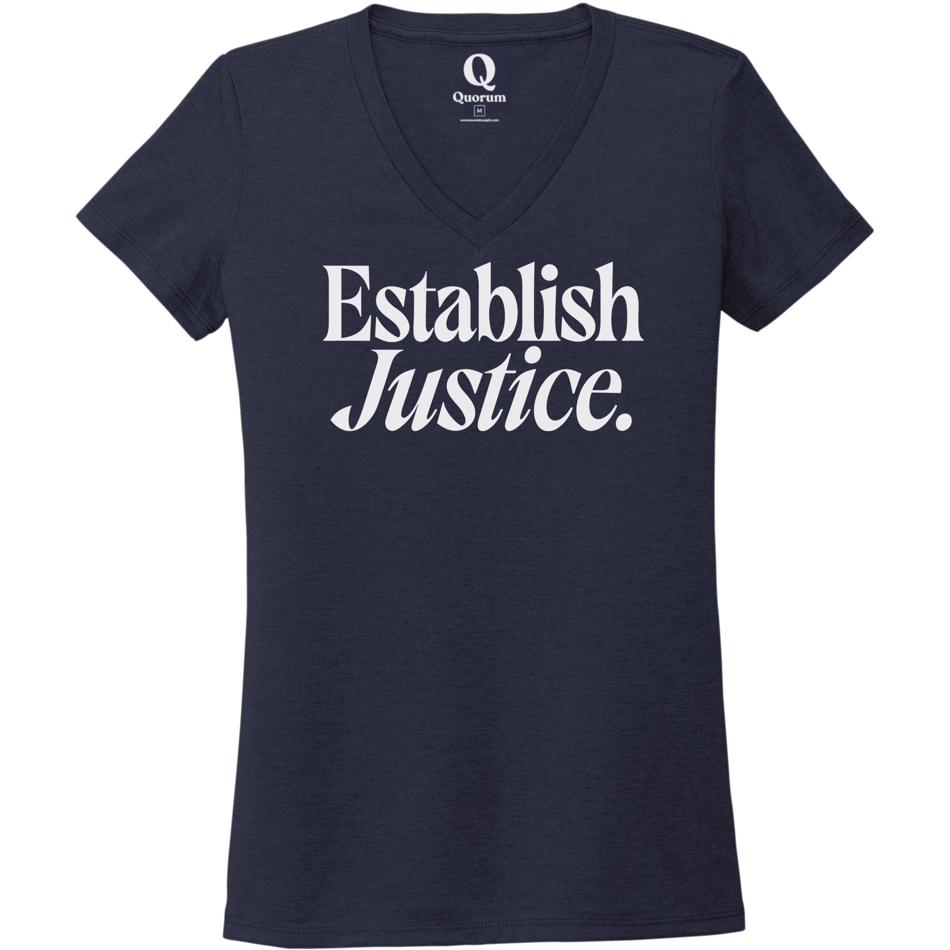 "Establish Justice." Quorum Women's Tri-Blend V-Neck editorial print in Night Sky Navy