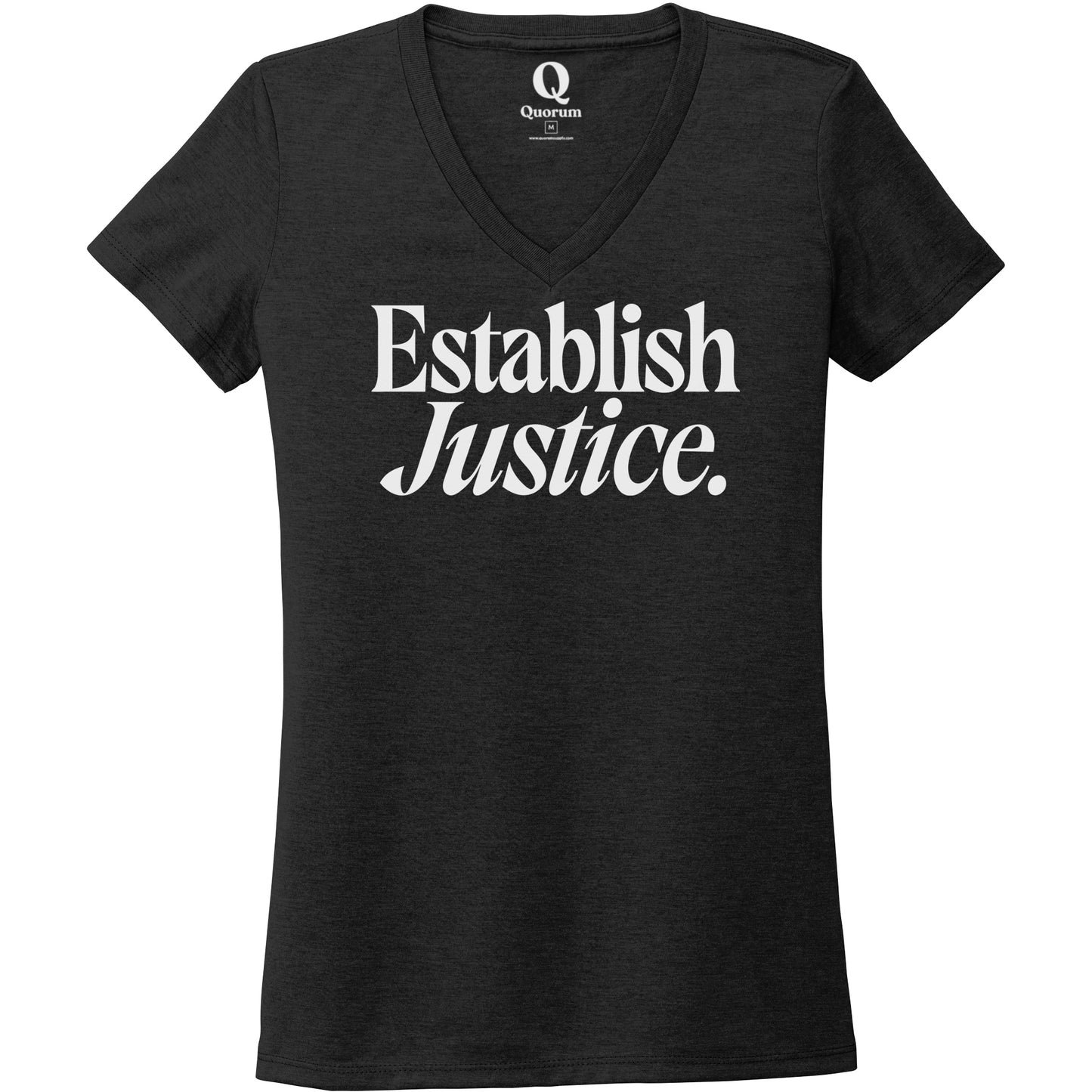 "Establish Justice." Quorum Women's Tri-Blend V-Neck editorial print in Space Black