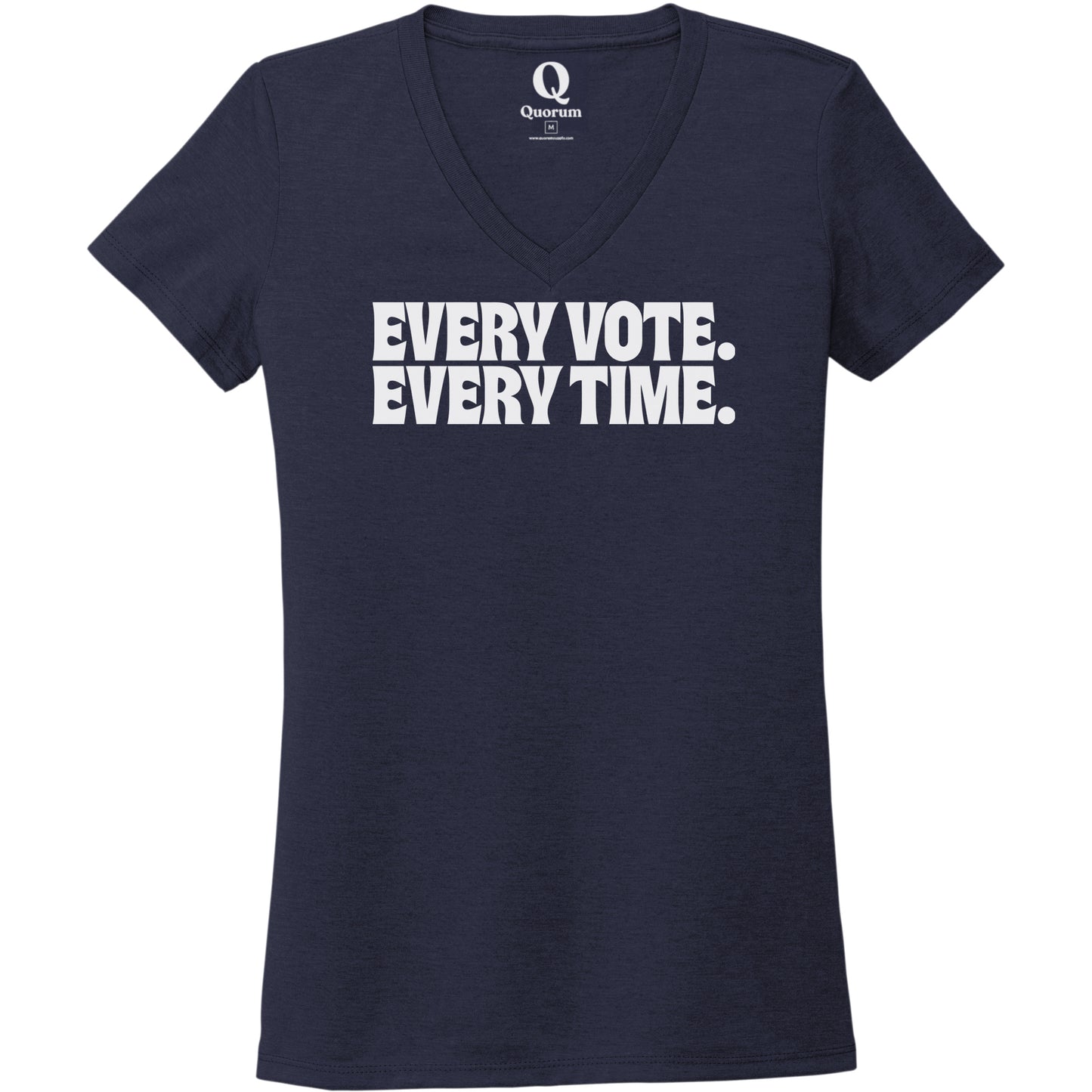 "Every Vote. Every Time." Quorum Women's Tri-Blend V-Neck editorial print in Night Sky Navy