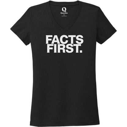 "Facts First." Quorum Women's Tri-Blend V-Neck editorial print in Deep Black
