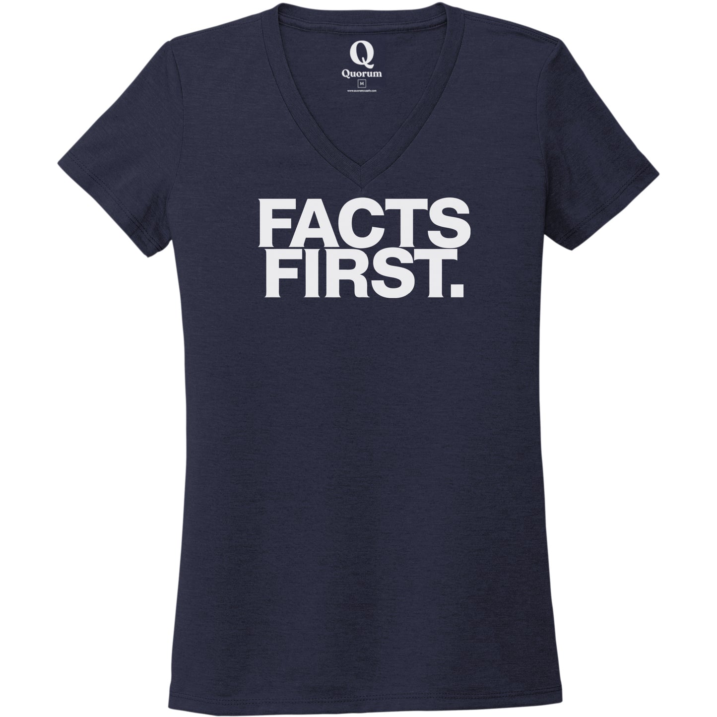 "Facts First." Quorum Women's Tri-Blend V-Neck editorial print in Night Sky Navy