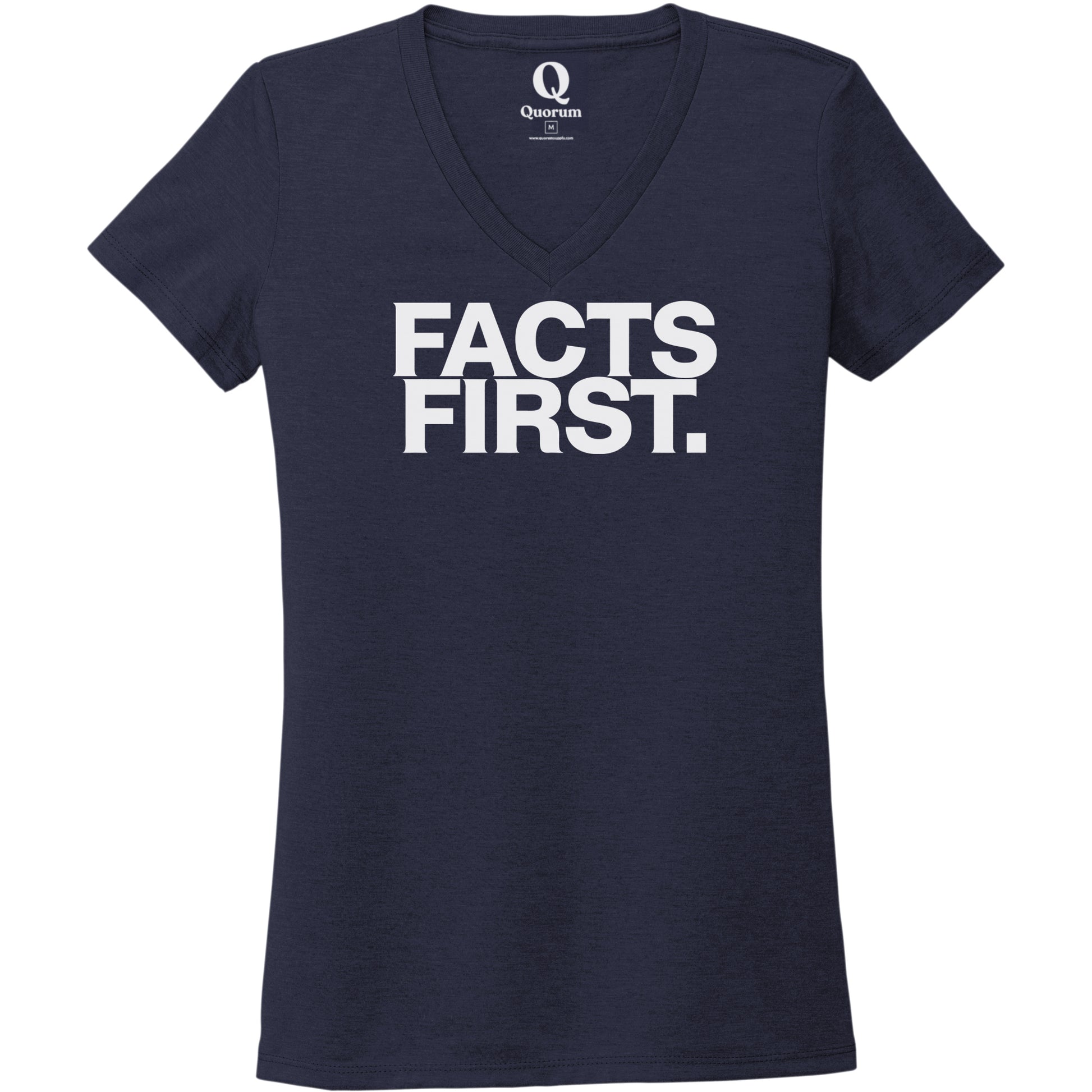 "Facts First." Quorum Women's Tri-Blend V-Neck editorial print in Night Sky Navy