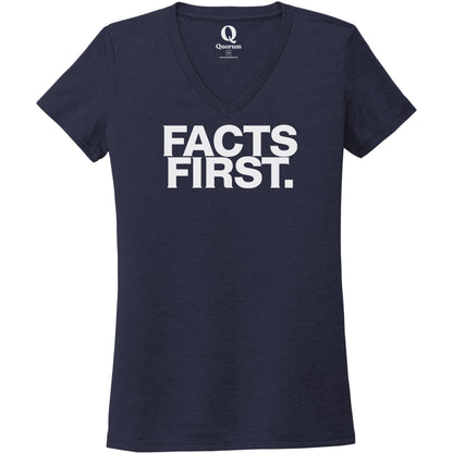 "Facts First." Quorum Women's Tri-Blend V-Neck editorial print in Night Sky Navy