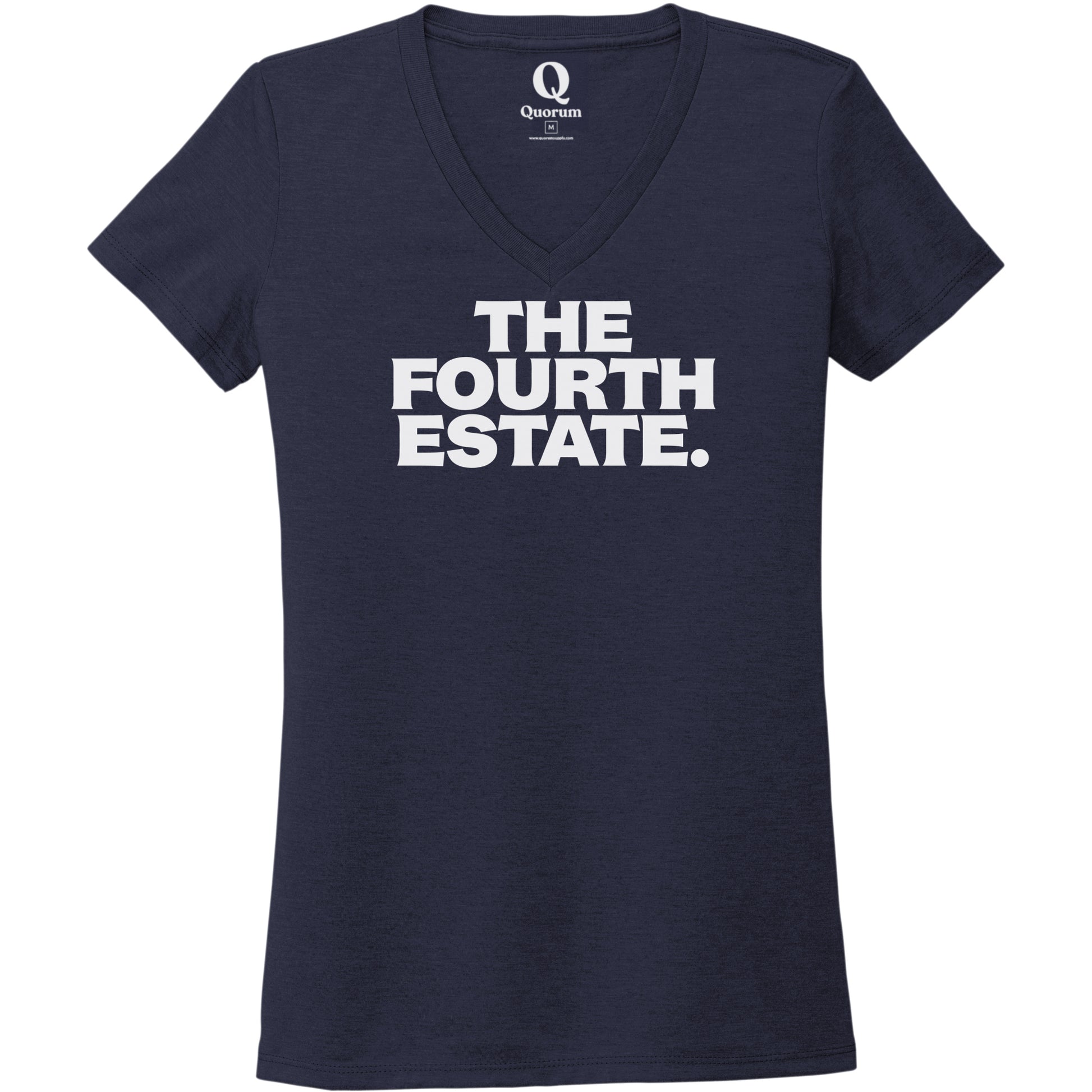 "The Fourth Estate." Quorum Women's Tri-Blend V-Neck editorial print in Night Sky Navy