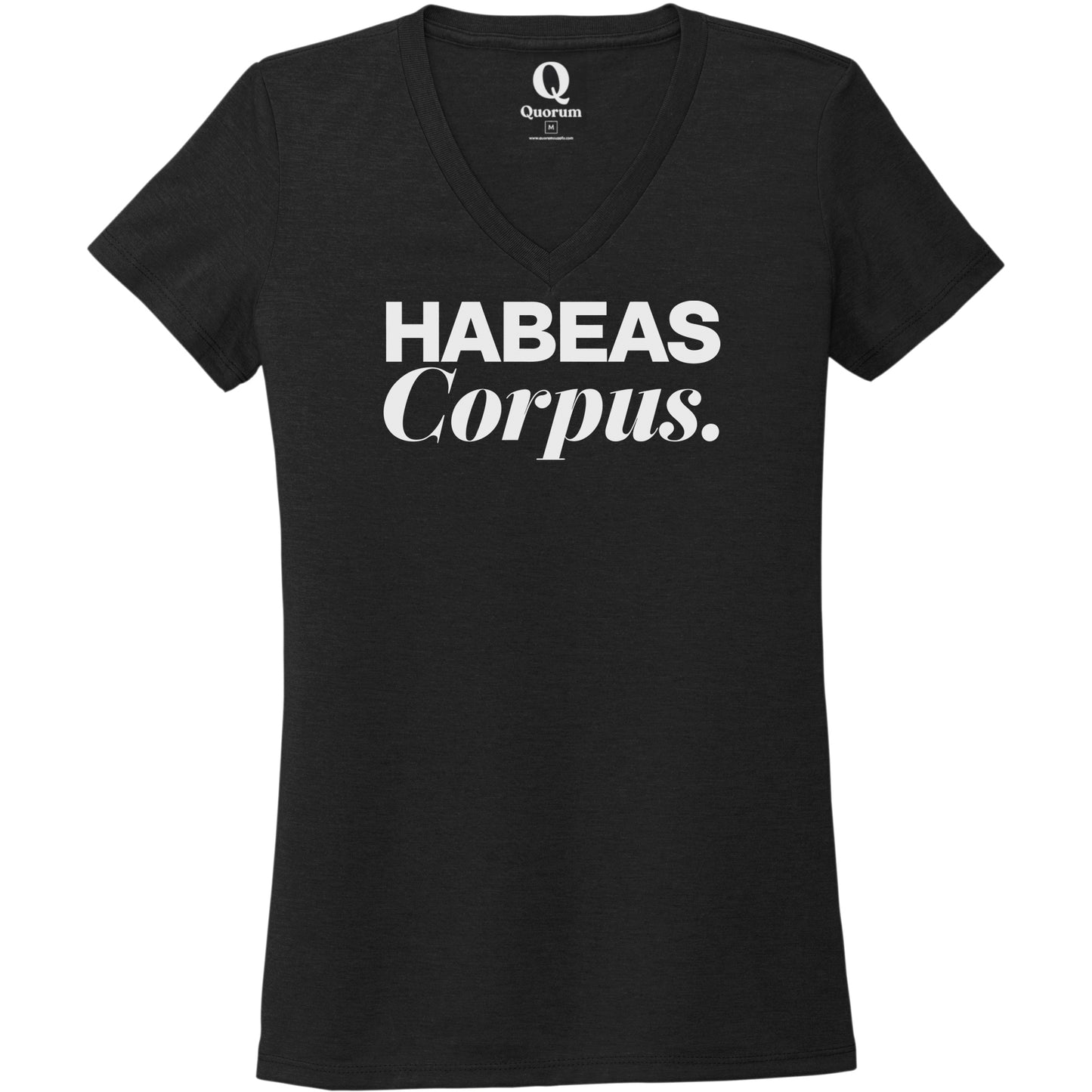 "Habeas Corpus." Quorum Women's Tri-Blend V-Neck editorial print in Deep Black