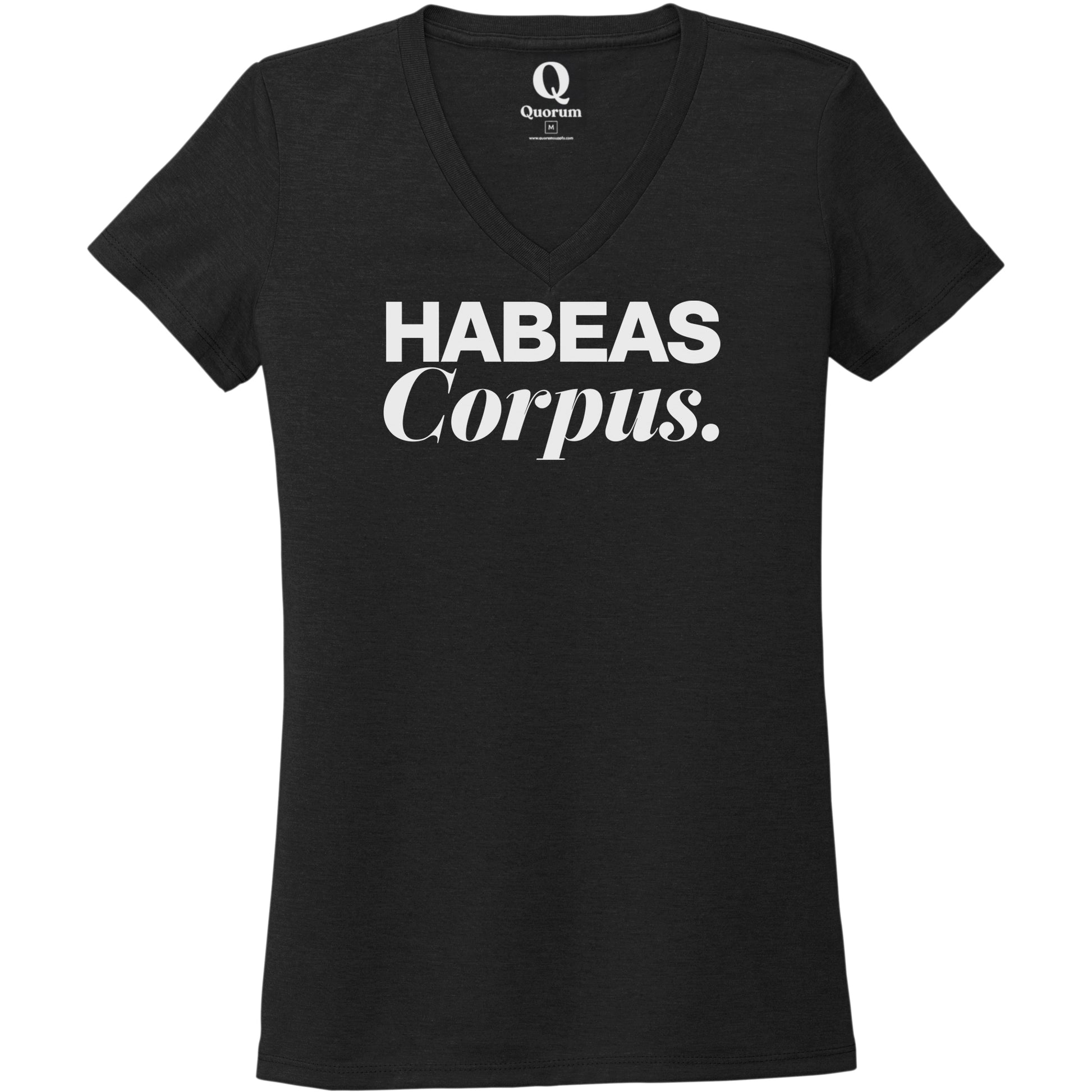 "Habeas Corpus." Quorum Women's Tri-Blend V-Neck editorial print in Deep Black