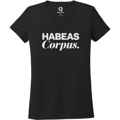 "Habeas Corpus." Quorum Women's Tri-Blend V-Neck editorial print in Deep Black