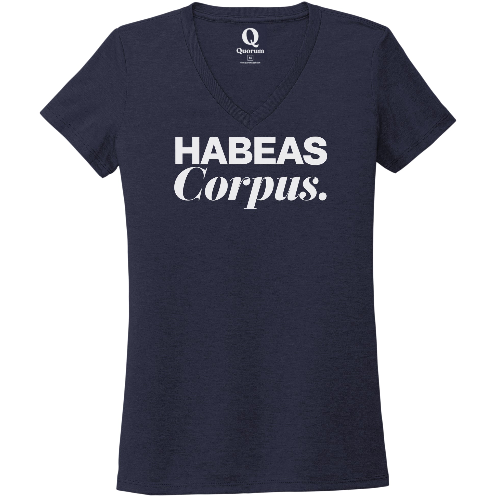 "Habeas Corpus." Quorum Women's Tri-Blend V-Neck editorial print in Night Sky Navy