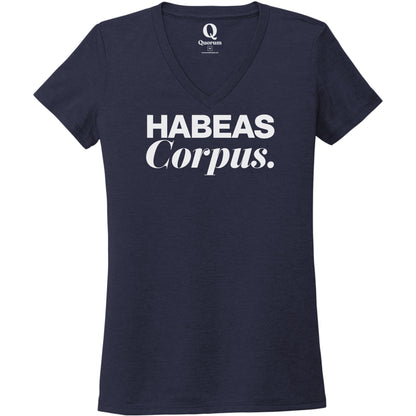 "Habeas Corpus." Quorum Women's Tri-Blend V-Neck editorial print in Night Sky Navy