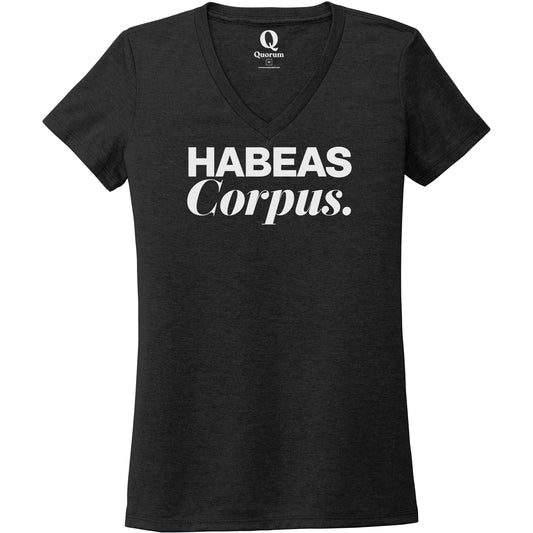 "Habeas Corpus." Quorum Women's Tri-Blend V-Neck editorial print in Space Black