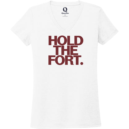 "Hold the Fort." Quorum Women's Tri-Blend V-Neck front print in Bright White