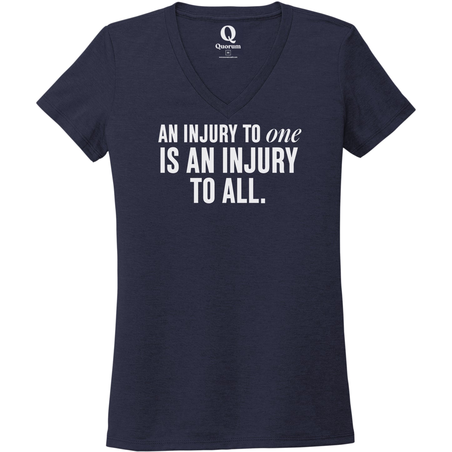 "An injury to one is an injury to all." Quorum Women's Tri-Blend V-Neck editorial print in Night Sky Navy