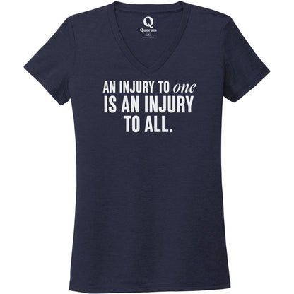 "An injury to one is an injury to all." Quorum Women's Tri-Blend V-Neck editorial print in Night Sky Navy