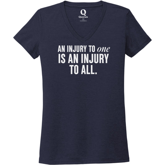 "An injury to one is an injury to all." Quorum Women's Tri-Blend V-Neck editorial print in Night Sky Navy