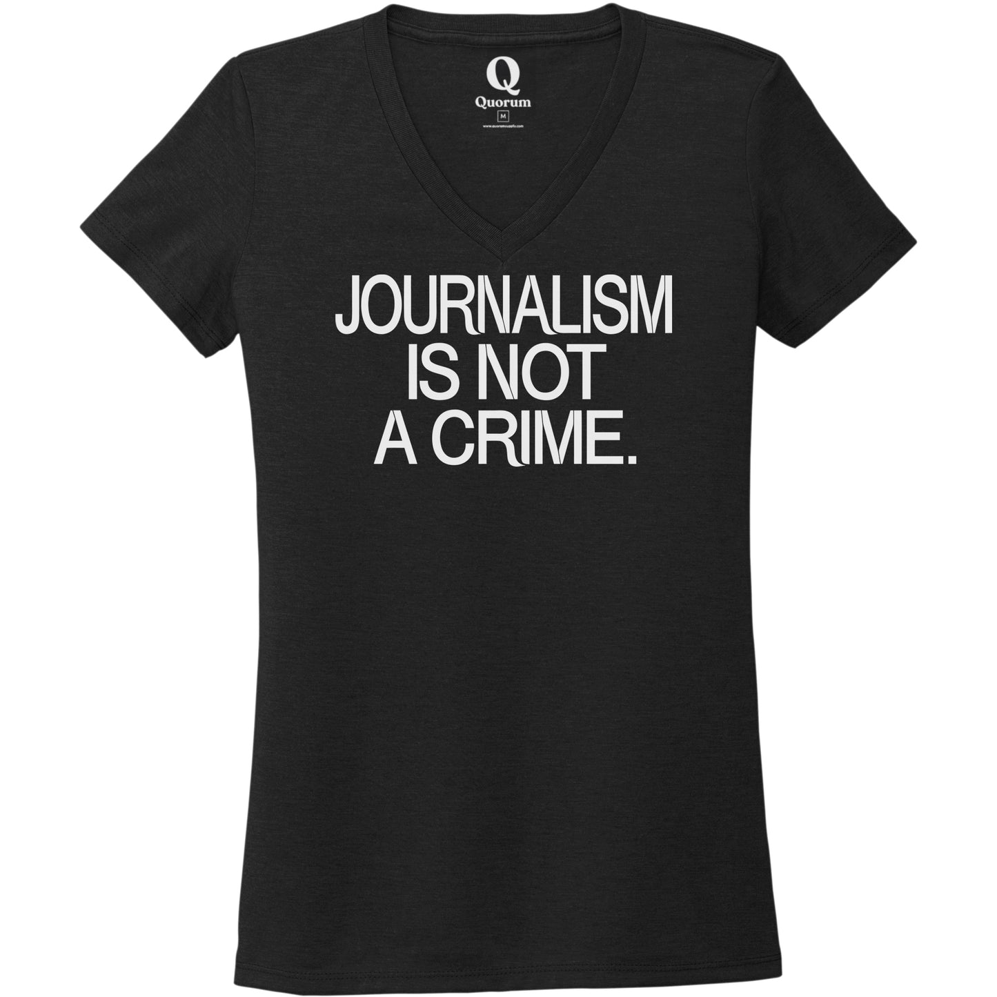 "Journalism is not a crime." Quorum Women's Tri-Blend V-Neck editorial print in Deep Black