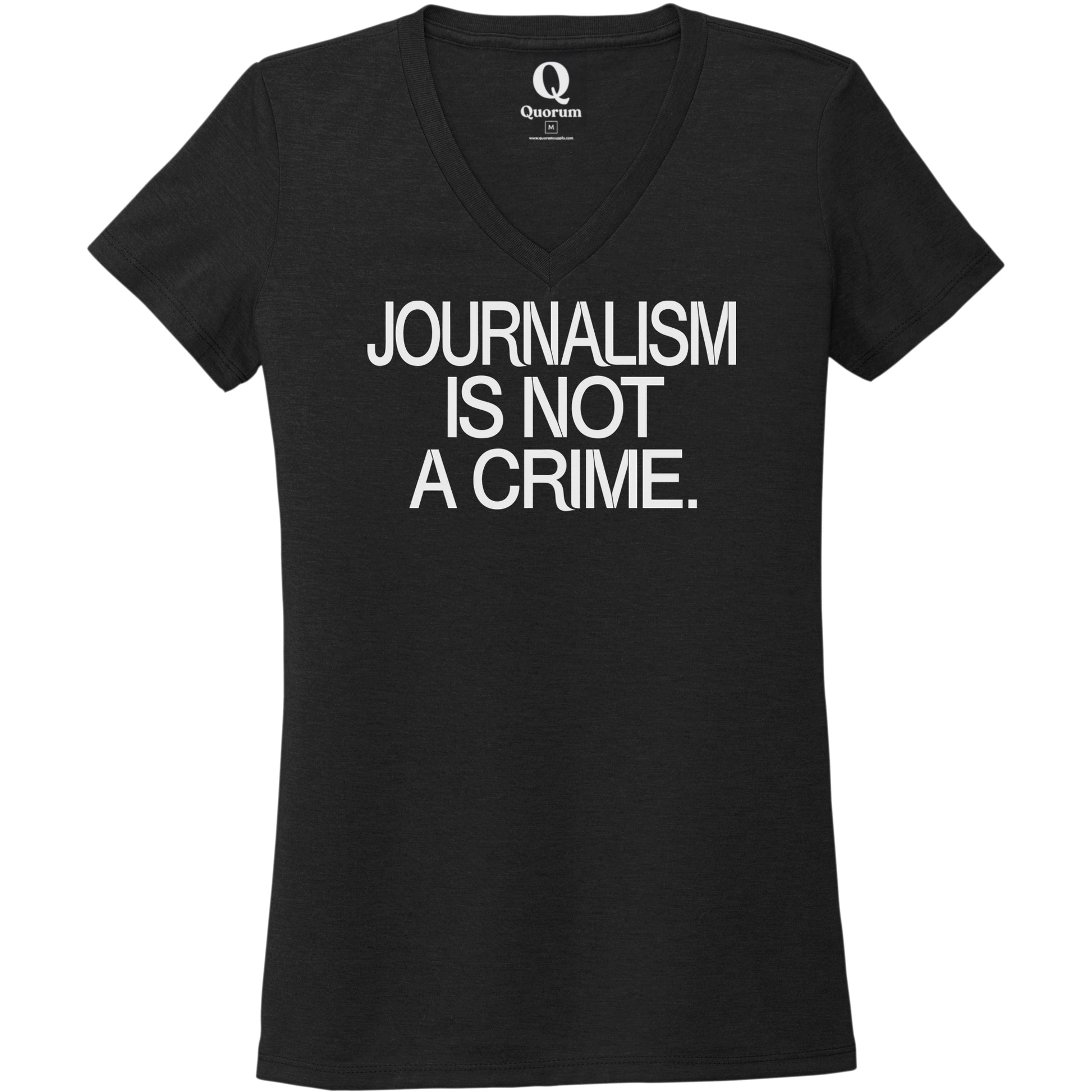 "Journalism is not a crime." Quorum Women's Tri-Blend V-Neck editorial print in Deep Black