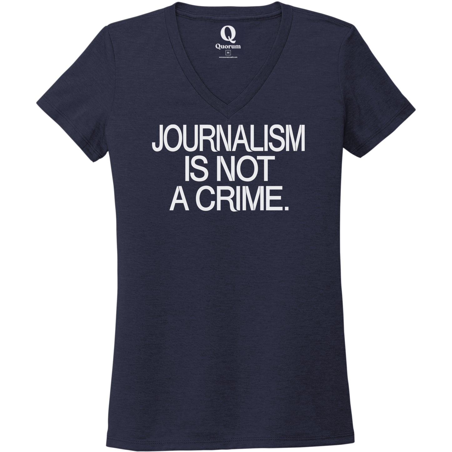 "Journalism is not a crime." Quorum Women's Tri-Blend V-Neck editorial print in Night Sky Navy