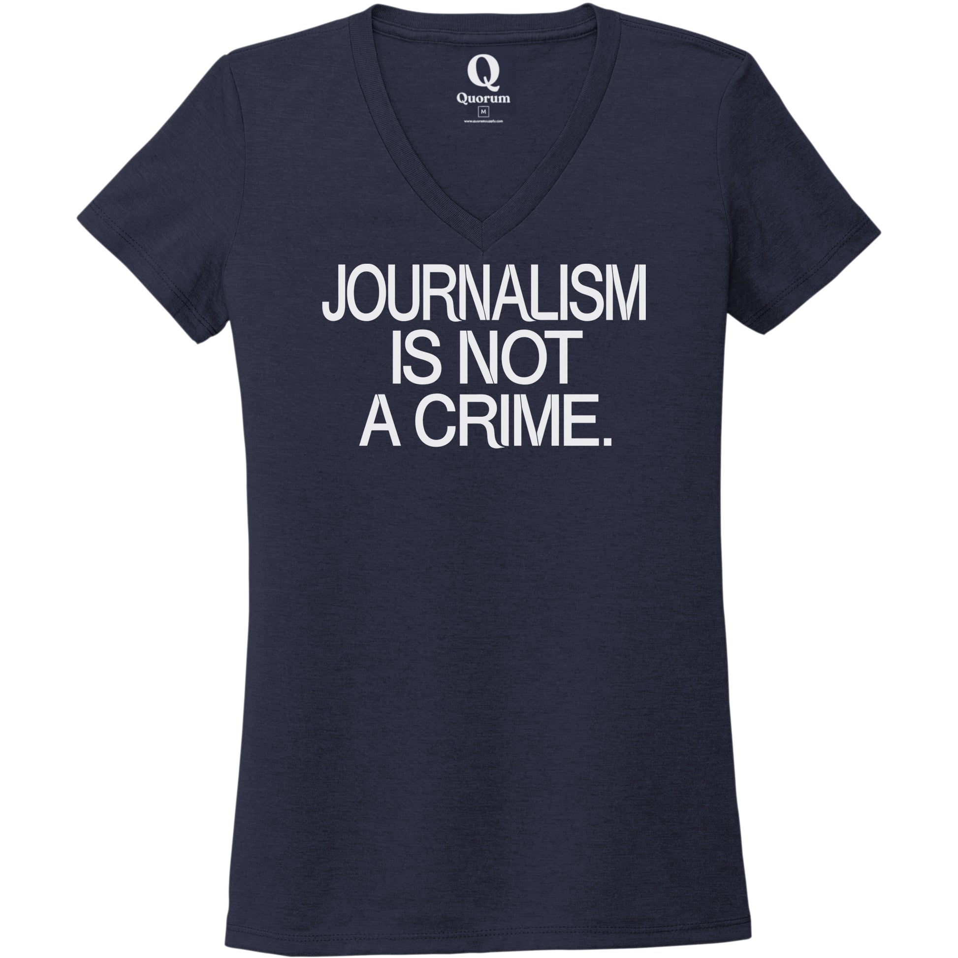 "Journalism is not a crime." Quorum Women's Tri-Blend V-Neck editorial print in Night Sky Navy