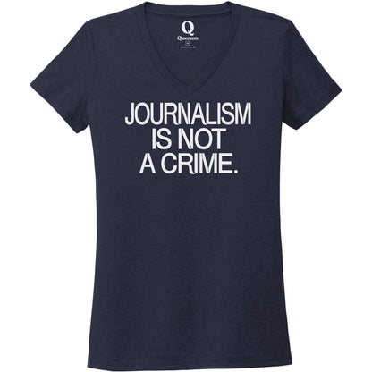 "Journalism is not a crime." Quorum Women's Tri-Blend V-Neck editorial print in Night Sky Navy