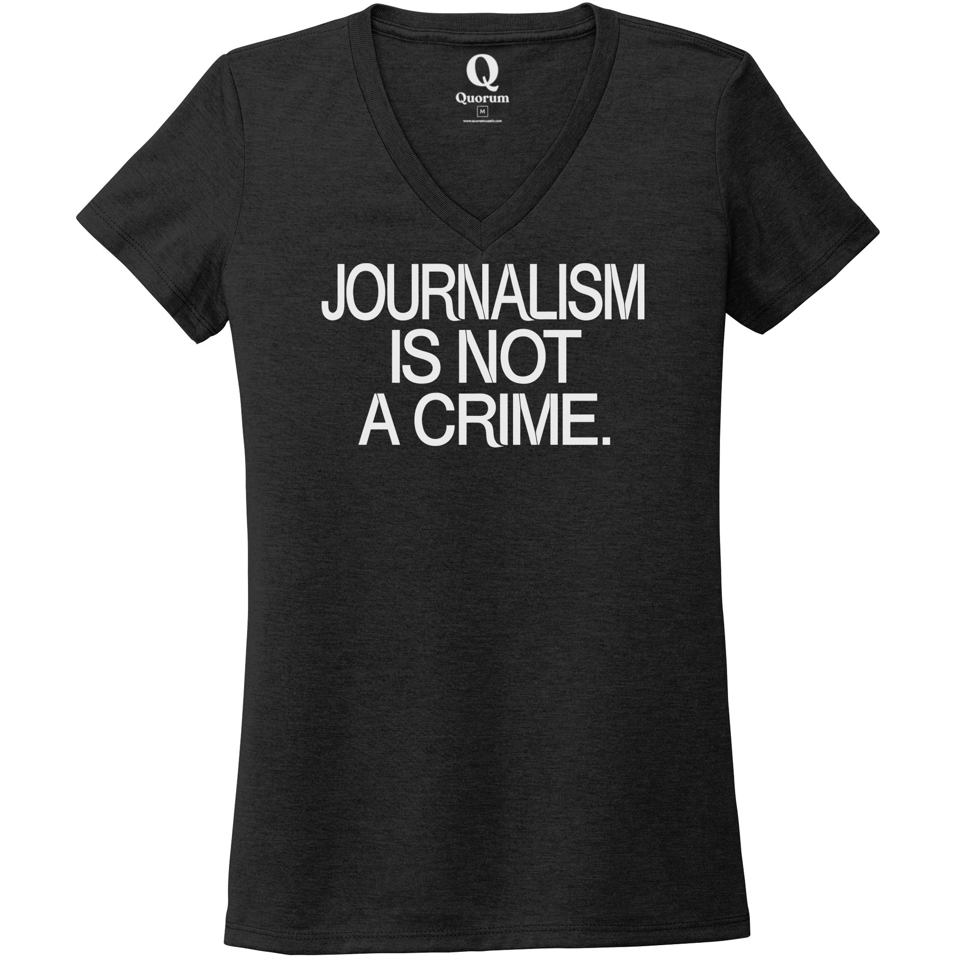 "Journalism is not a crime." Quorum Women's Tri-Blend V-Neck editorial print in Space Black