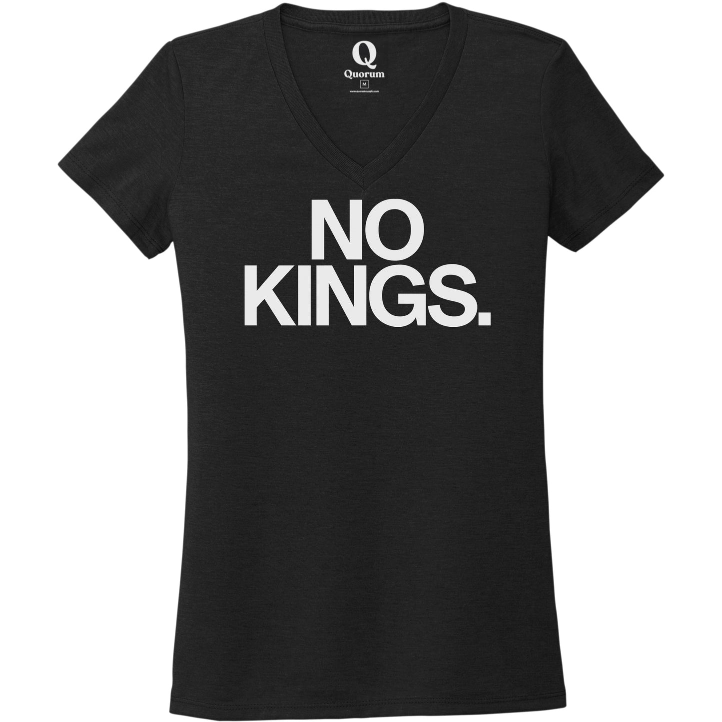 "No Kings." Quorum Women's Tri-Blend V-Neck editorial print in Deep Black