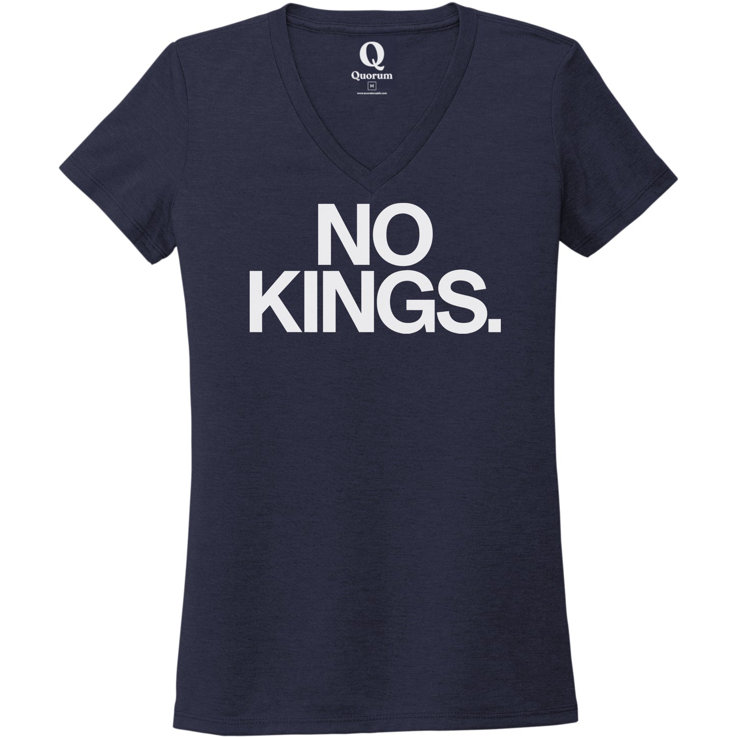 "No Kings." Quorum Women's Tri-Blend V-Neck editorial print in Night Sky Navy
