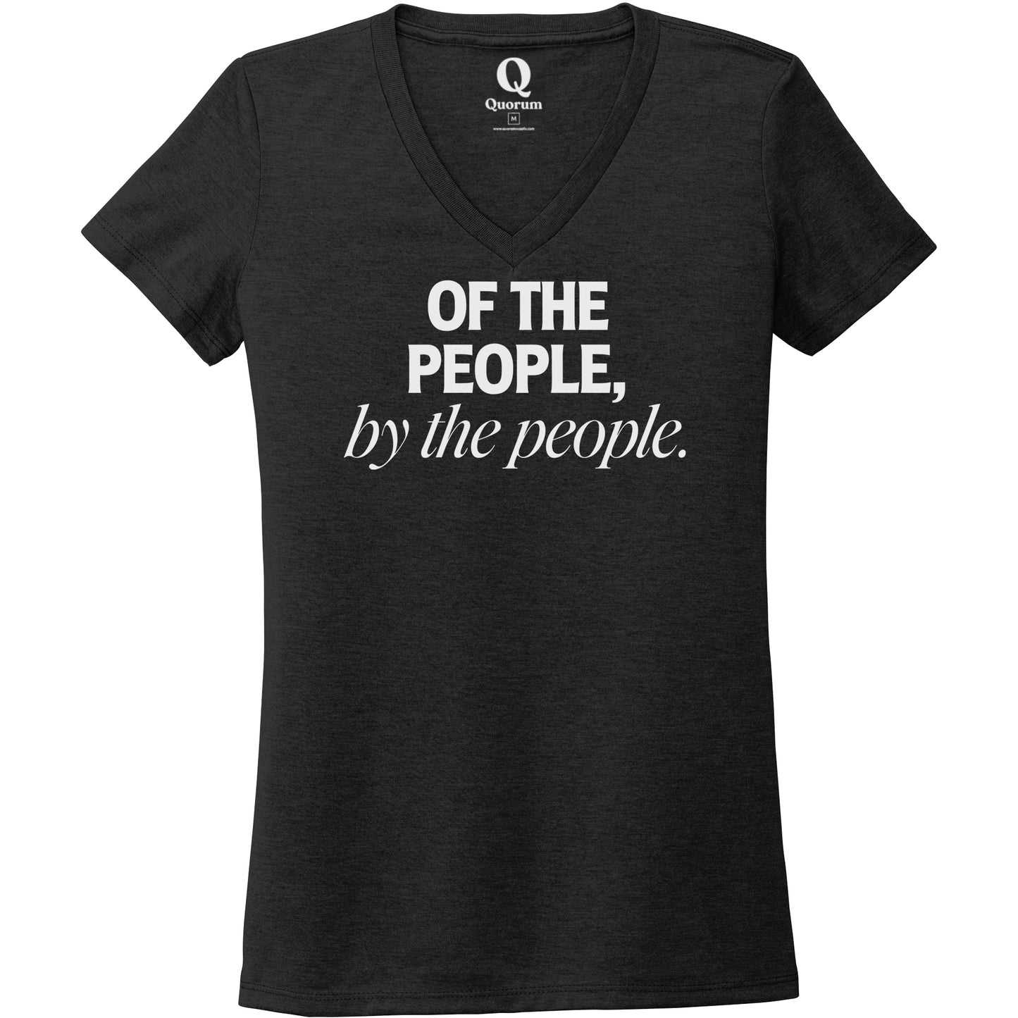 "Of the People, by the People." Quorum Women's Tri-Blend V-Neck editorial print in Space Black