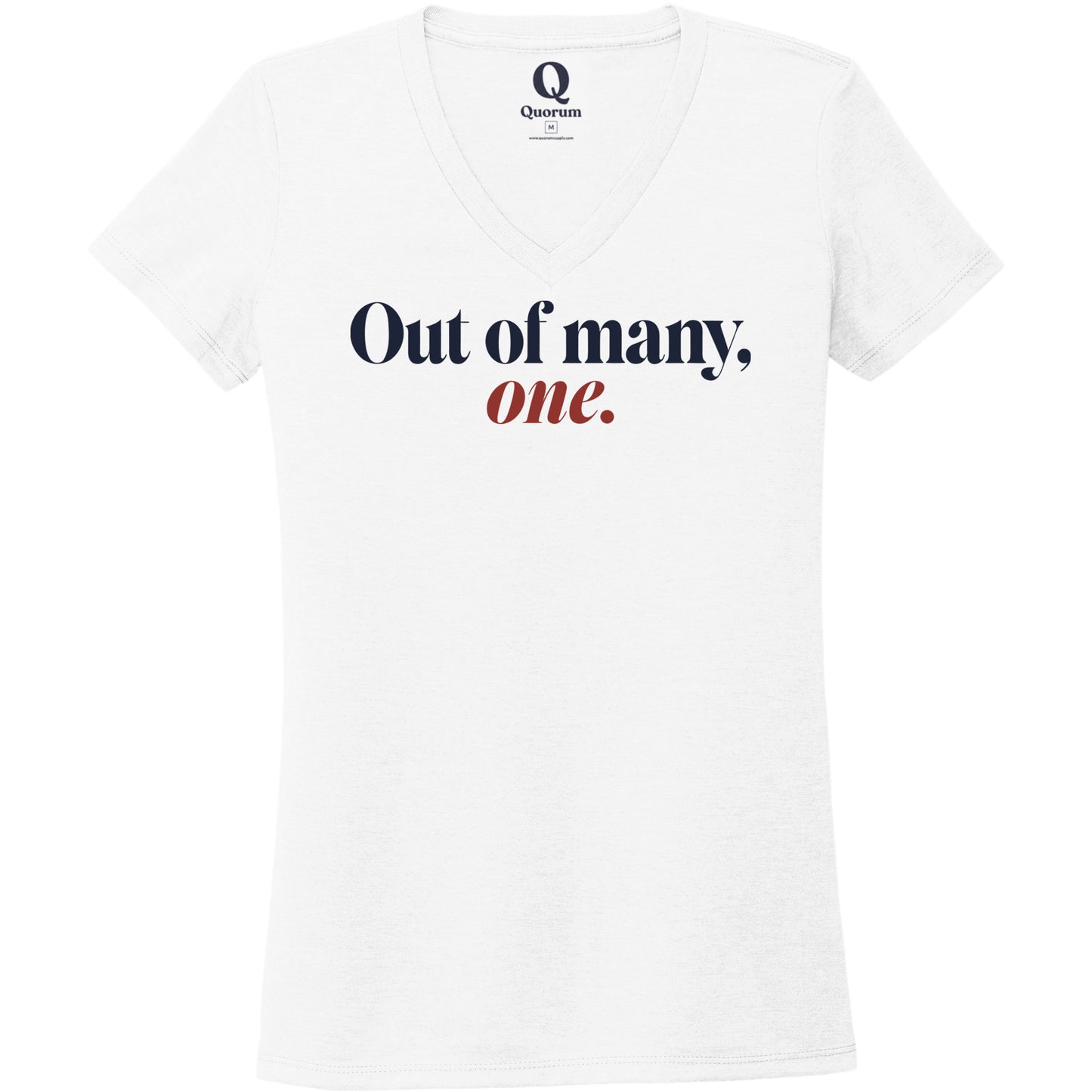 "Out of many, one." Quorum Women's Tri-Blend V-Neck front print in Bright White
