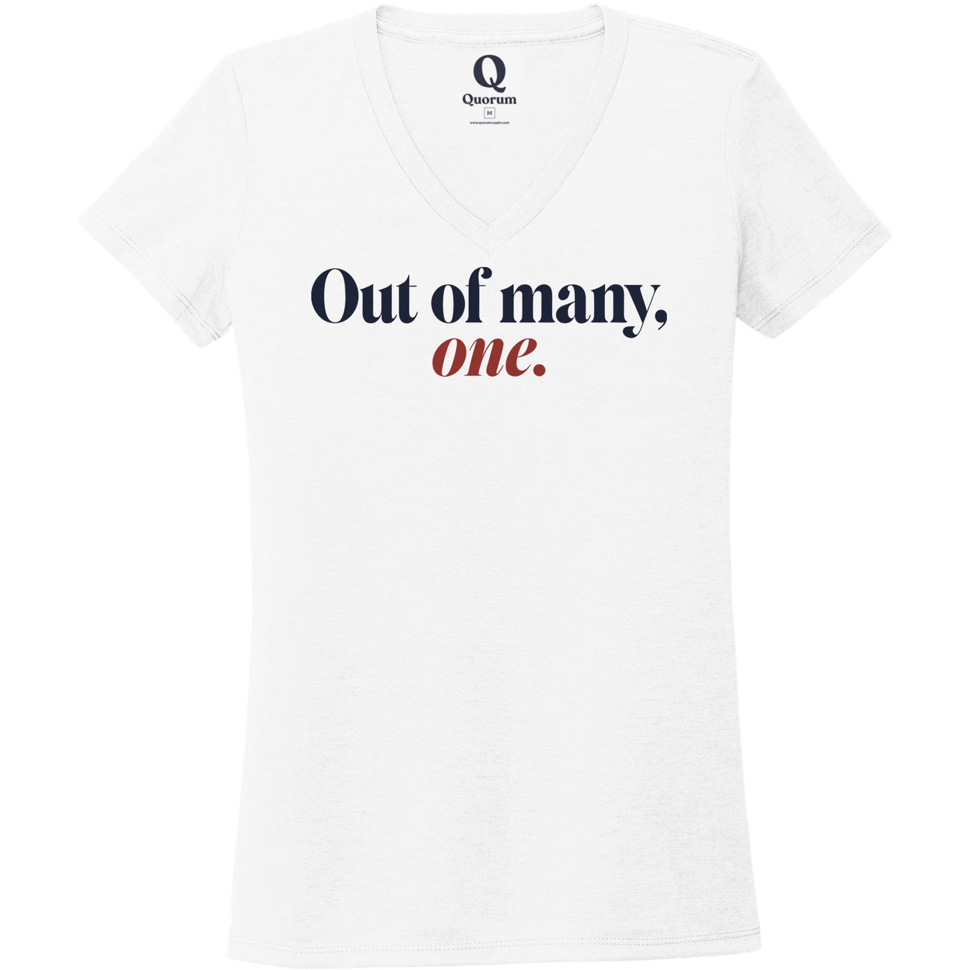 "Out of many, one." Quorum Women's Tri-Blend V-Neck front print in Bright White