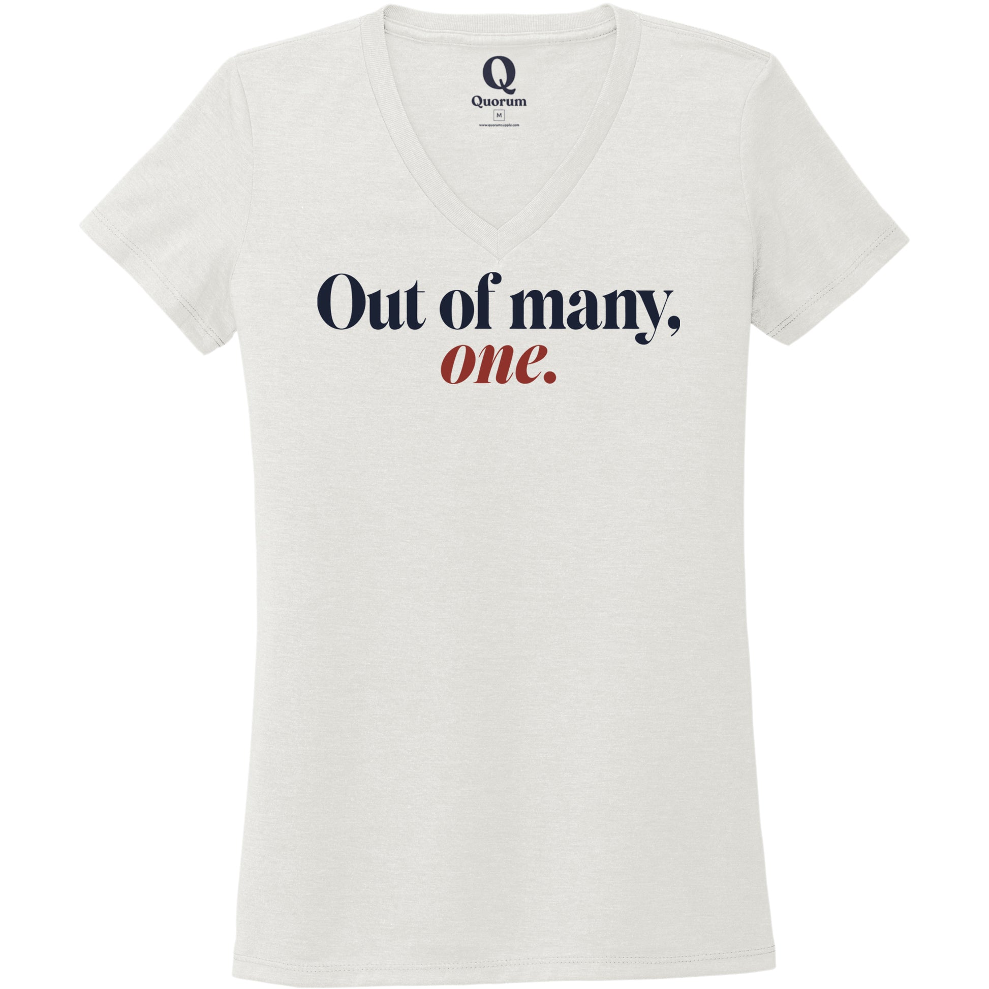"Out of many, one." Quorum Women's Tri-Blend V-Neck front print in Fairly White