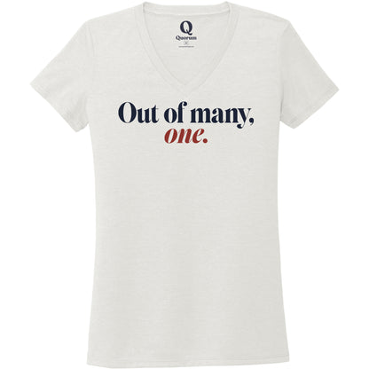"Out of many, one." Quorum Women's Tri-Blend V-Neck front print in Fairly White