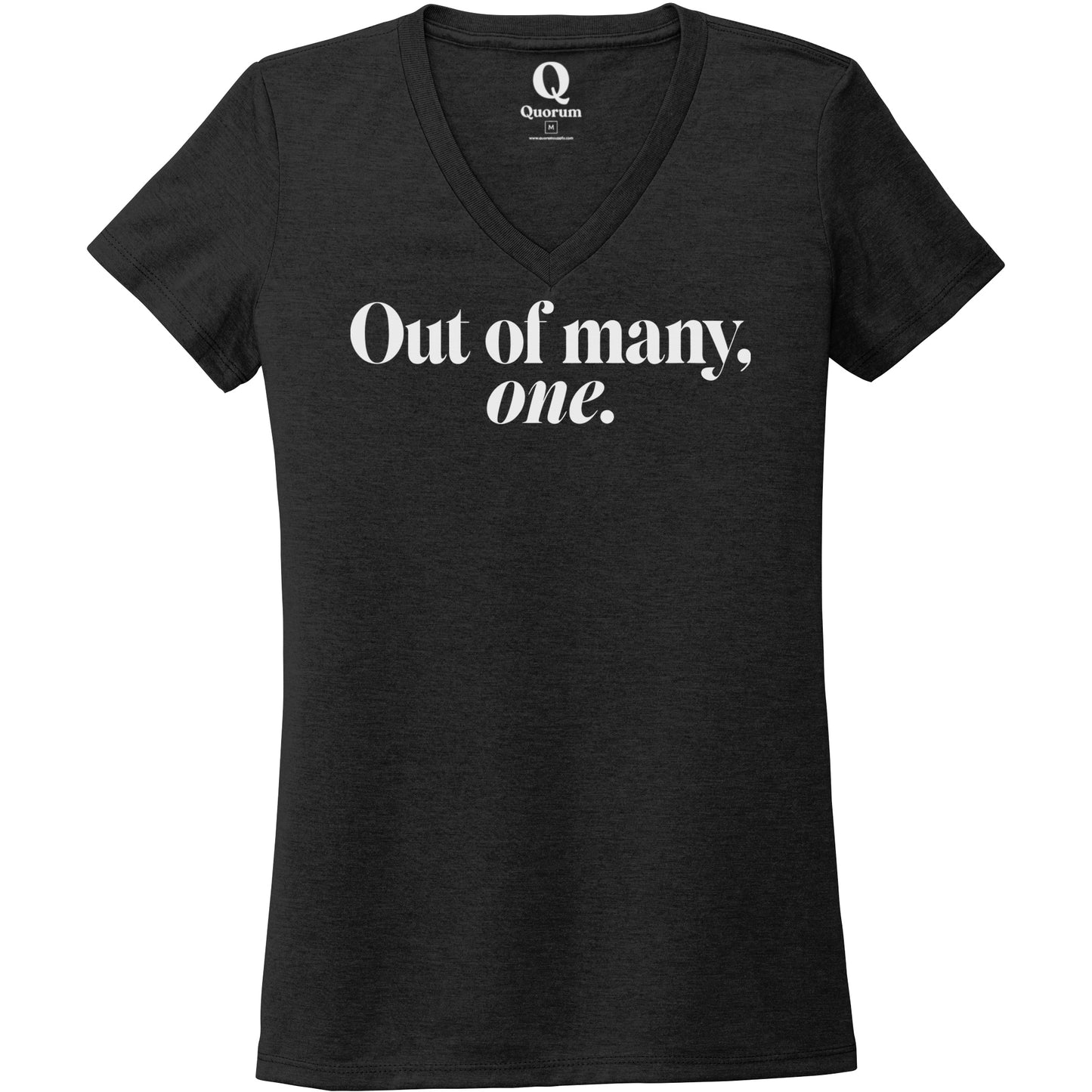 "Out of many, one." Quorum Women's Tri-Blend V-Neck editorial print in Space Black