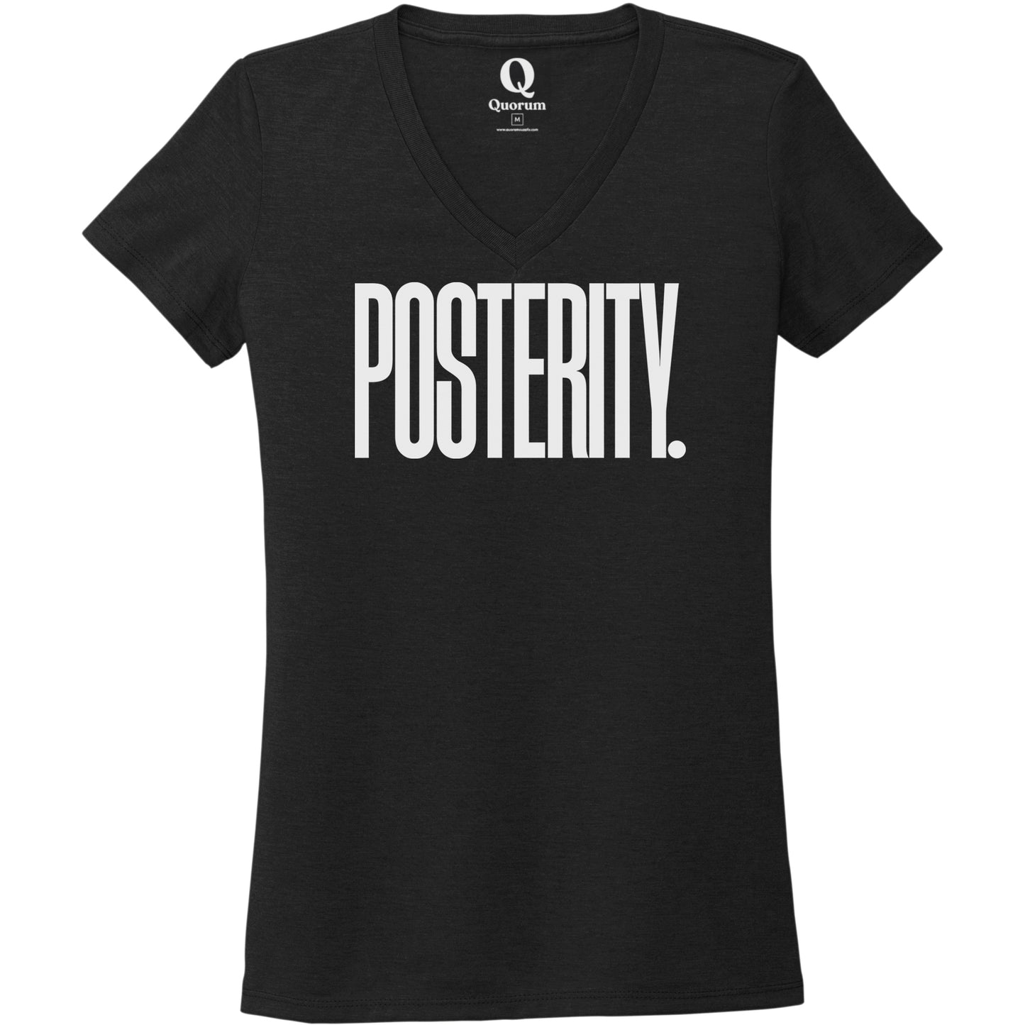 "Posterity." Quorum Women's Tri-Blend V-Neck editorial print in Deep Black