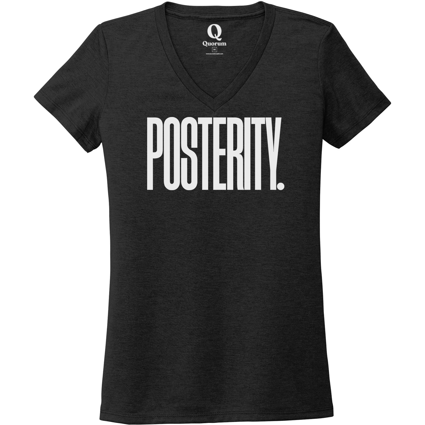 "Posterity." Quorum Women's Tri-Blend V-Neck editorial print in Space Black