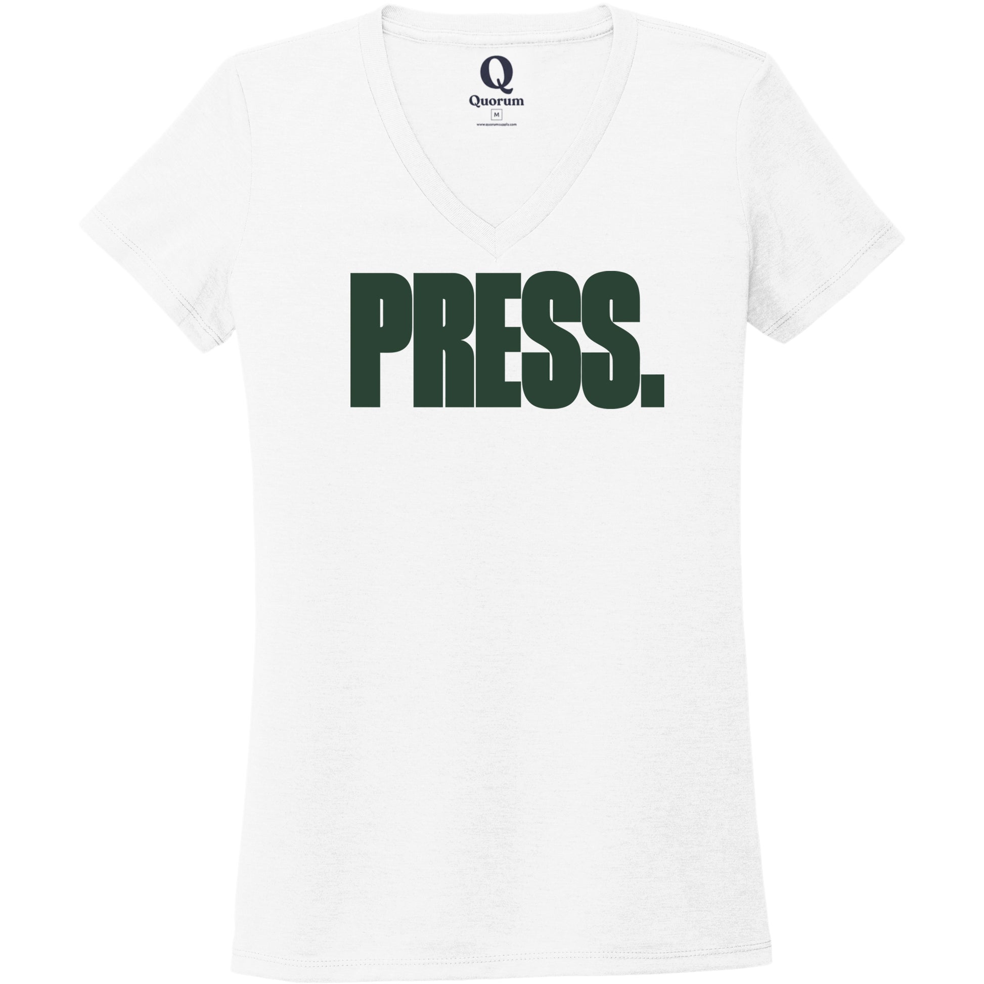 "Press." Quorum Women's Tri-Blend V-Neck front print in Bright White