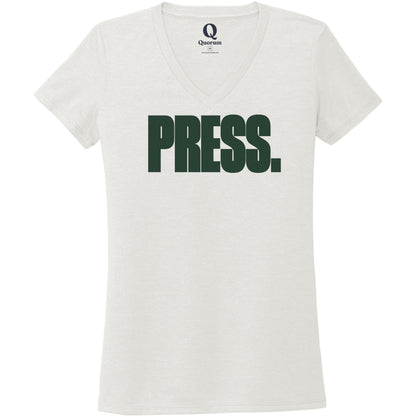 "Press." Quorum Women's Tri-Blend V-Neck front print in Fairly White