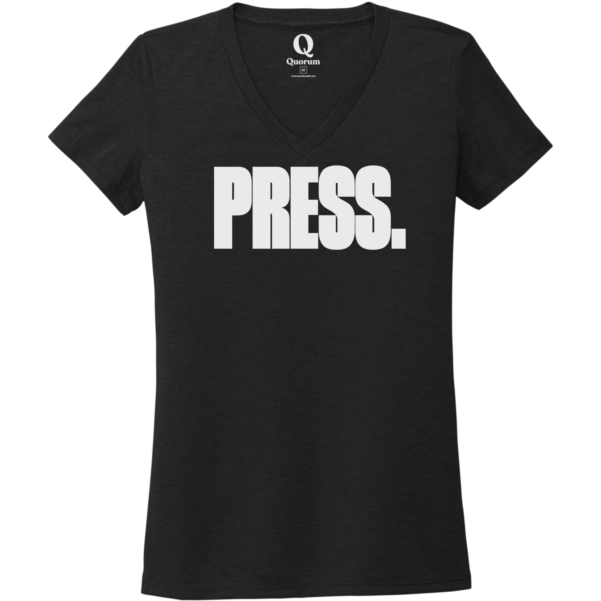 "Press." Quorum Women's Tri-Blend V-Neck editorial print in Deep Black