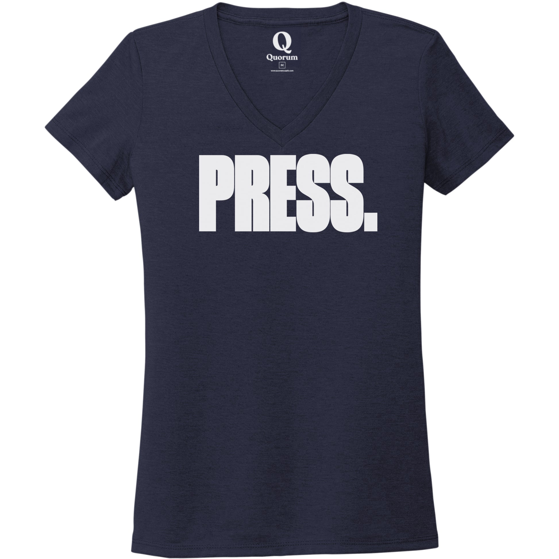 "Press." Quorum Women's Tri-Blend V-Neck editorial print in Night Sky Navy