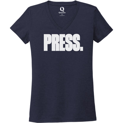 "Press." Quorum Women's Tri-Blend V-Neck editorial print in Night Sky Navy
