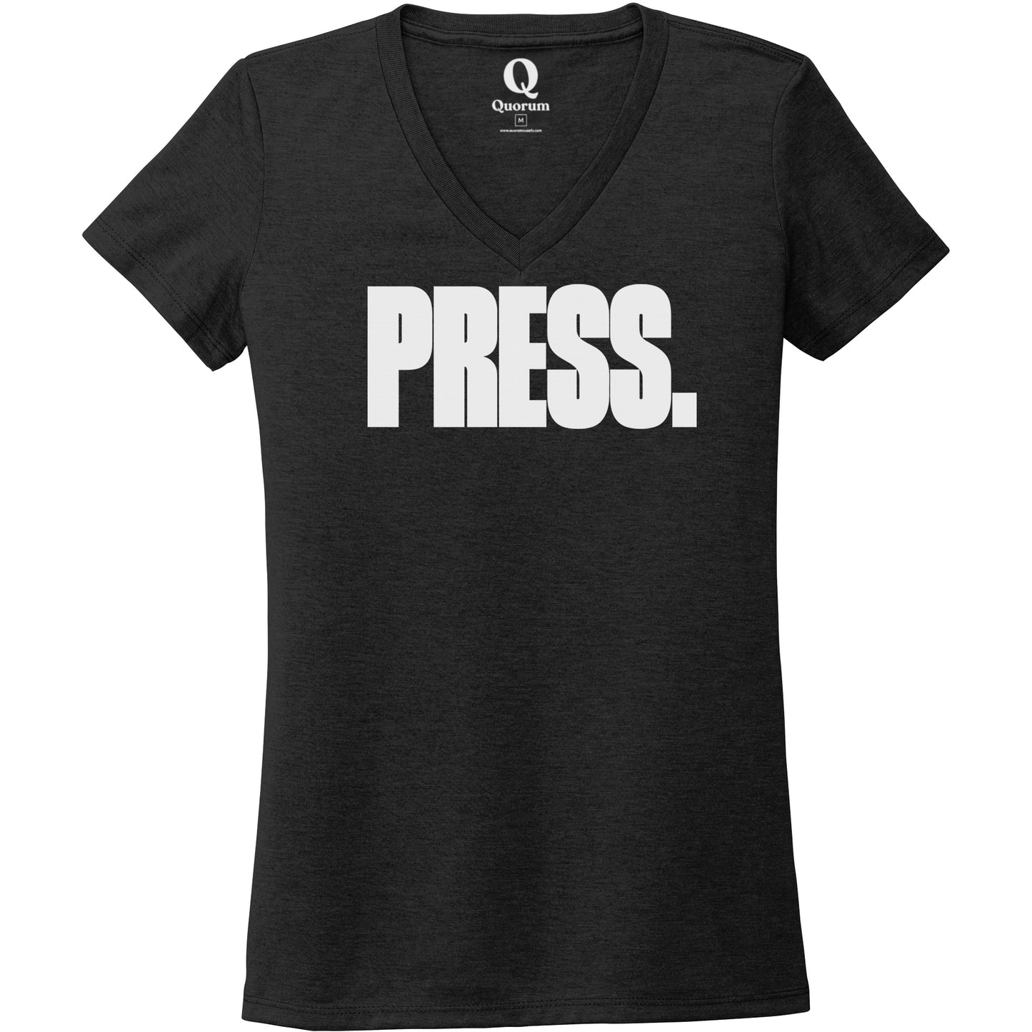 "Press." Quorum Women's Tri-Blend V-Neck editorial print in Space Black