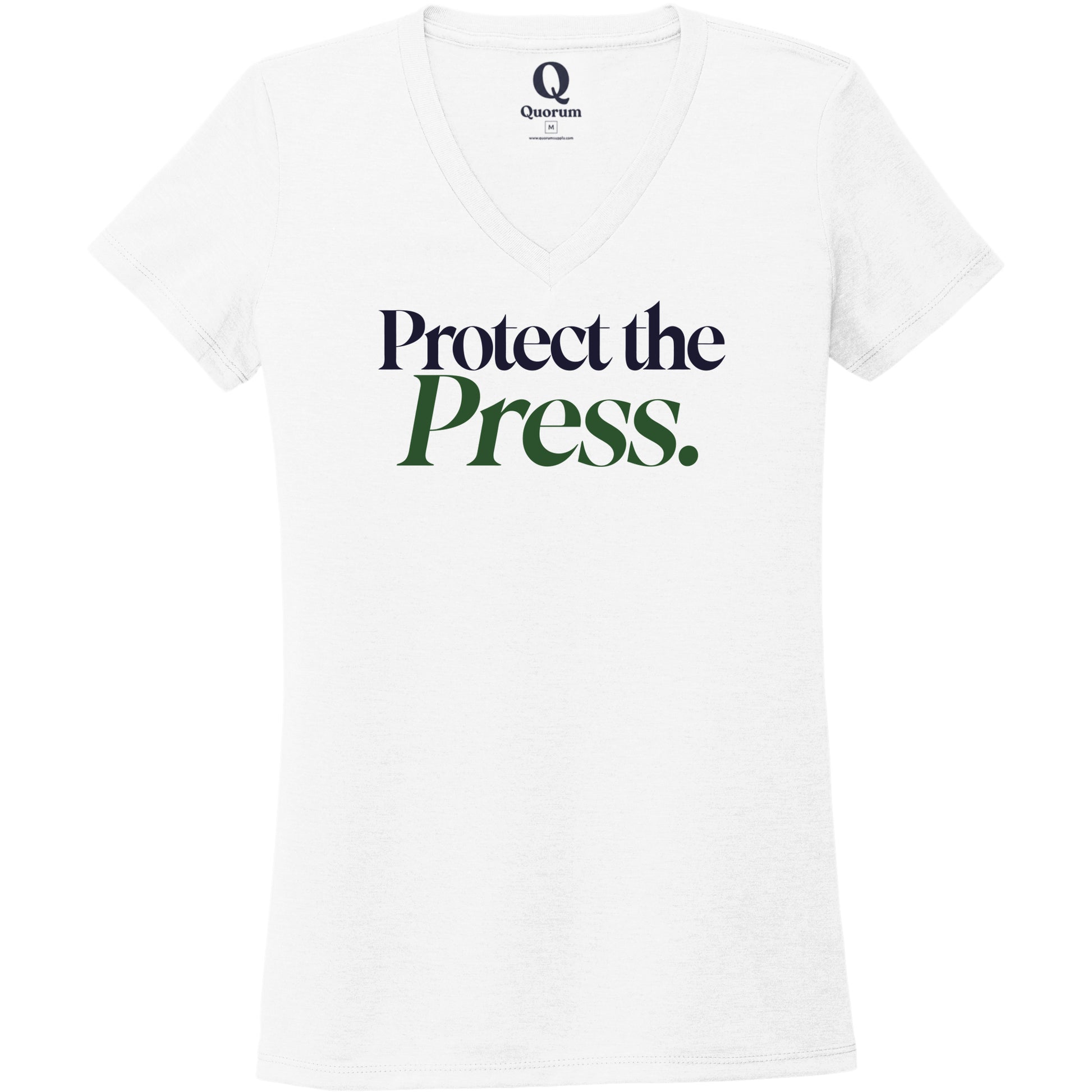 "Protect the Press." Quorum Women's Tri-Blend V-Neck front print in Bright White