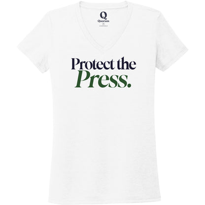 "Protect the Press." Quorum Women's Tri-Blend V-Neck front print in Bright White