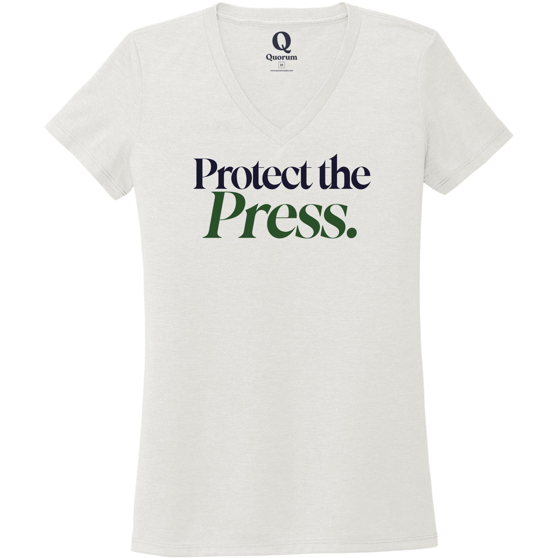 "Protect the Press." Quorum Women's Tri-Blend V-Neck front print in Fairly White