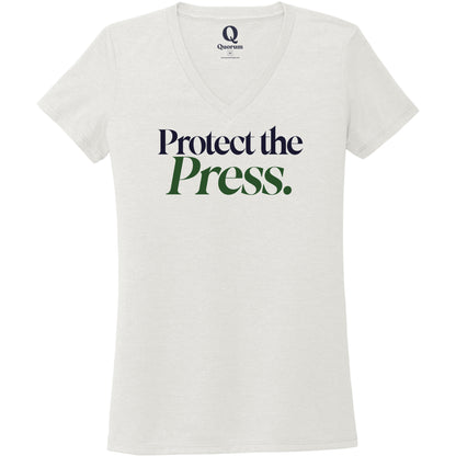 "Protect the Press." Quorum Women's Tri-Blend V-Neck front print in Fairly White