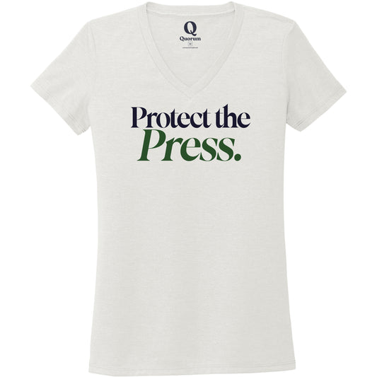 "Protect the Press." Quorum Women's Tri-Blend V-Neck front print in Fairly White