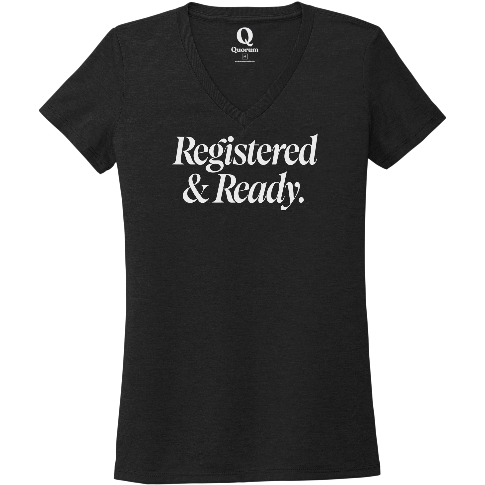 "Registered & Ready." Quorum Women's Tri-Blend V-Neck editorial print in Deep Black