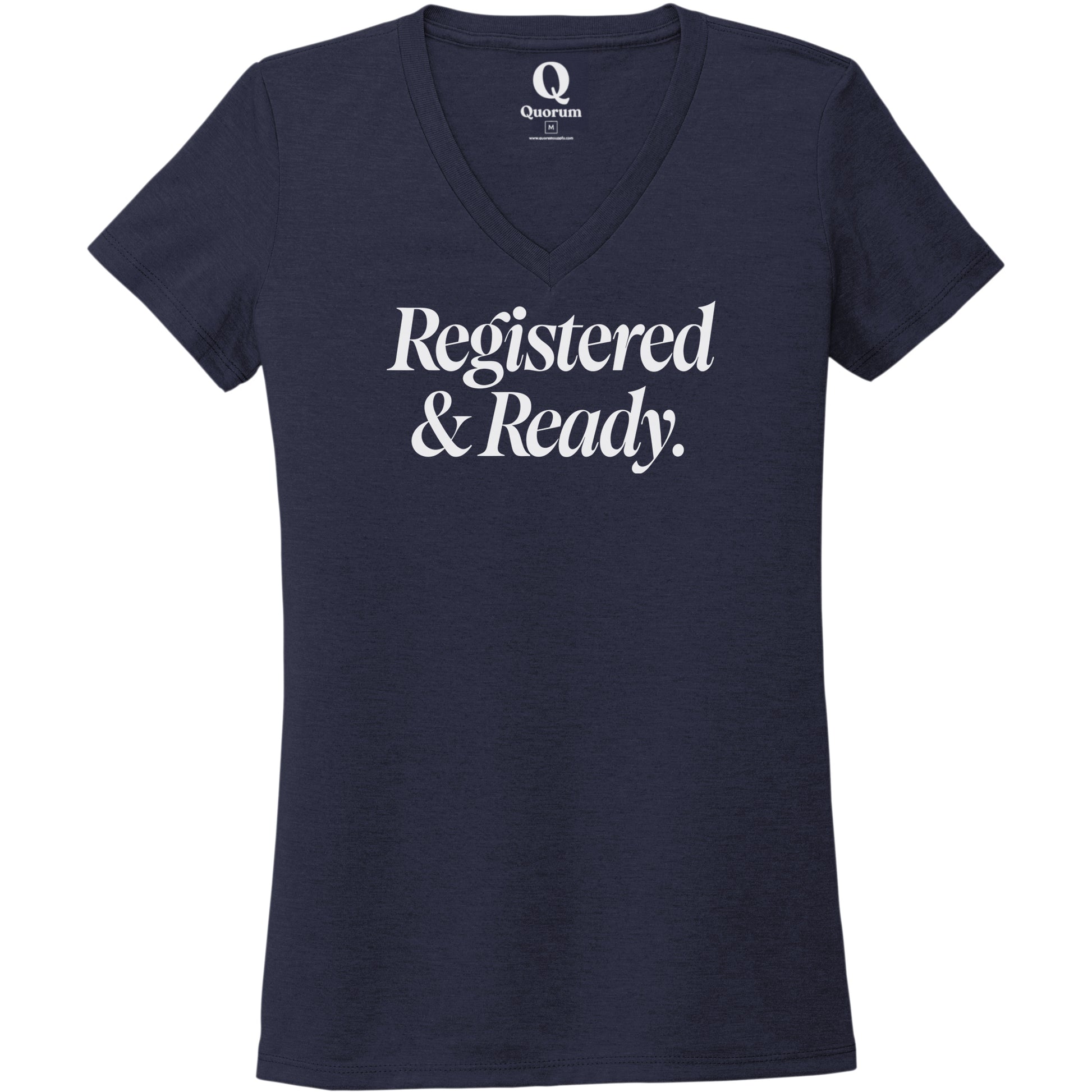 "Registered & Ready." Quorum Women's Tri-Blend V-Neck editorial print in Night Sky Navy
